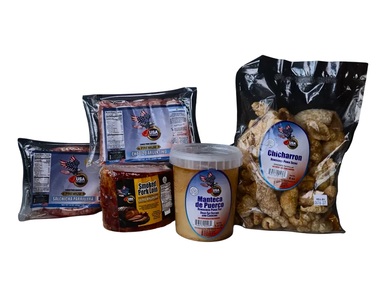 Productos empacados de USA Distributors: chicharrón, manteca de puerco, chorizo y lomo ahumado